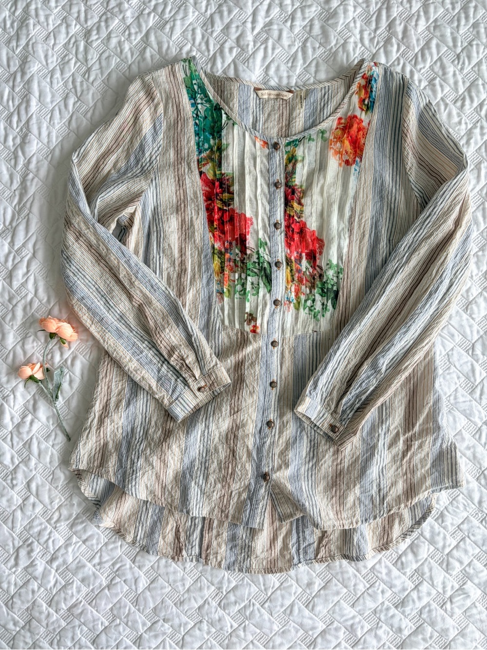 Soft Surroundings Crinkle Cotton Floral Striped Button Front Tunic Top M